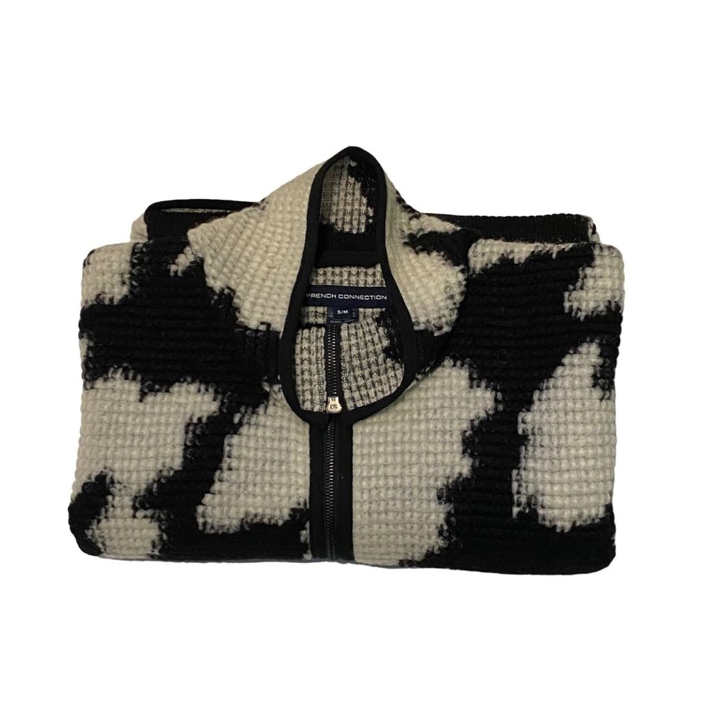 French Connection Black & White Wool Blend Zip Front Poncho S/M - Picture 14 of 16